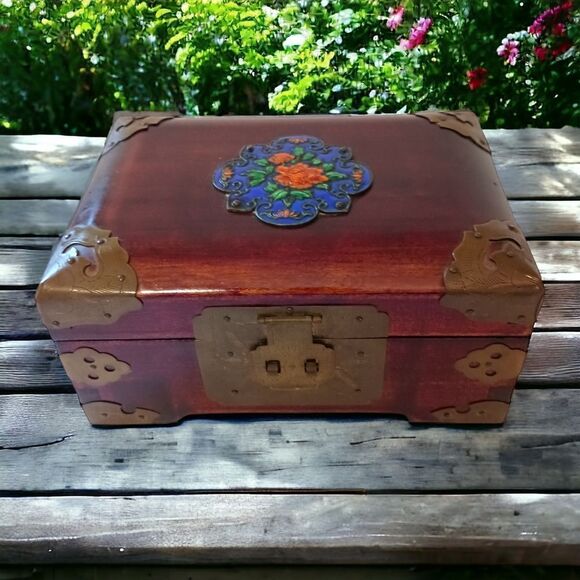 Rosewood Brass Jewelery Box Cloisonne Enameled Flower Antique Vintage Victorian.